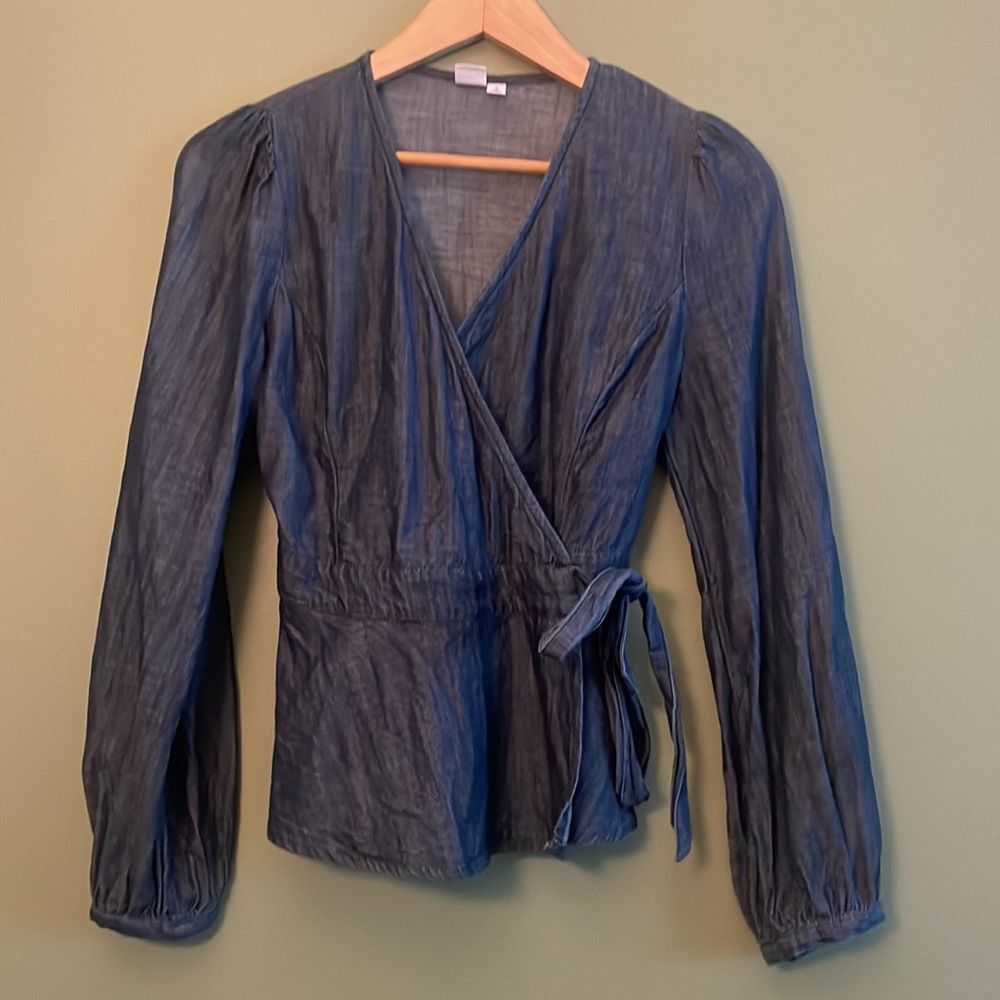 Gap Long Sleeve Blouse Rinse Washed Indigo Navy Chambray Wrap Tie Sz S - Picture 4 of 8
